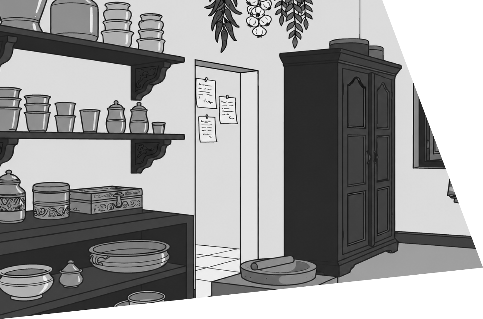 A grandmother's kitchen with shelves of jars and a wooden almirah