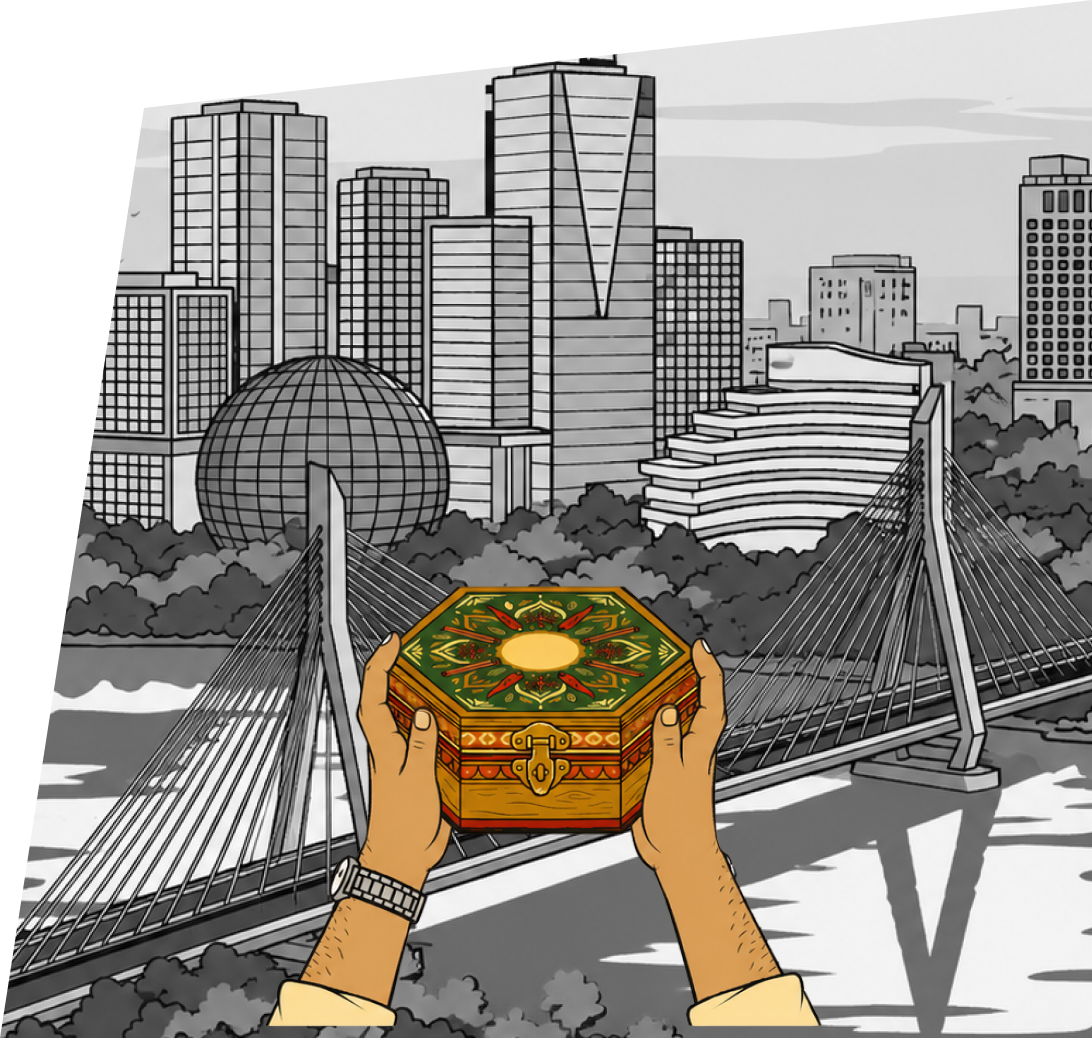 Holding the spice box up against the Hyderabad skyline