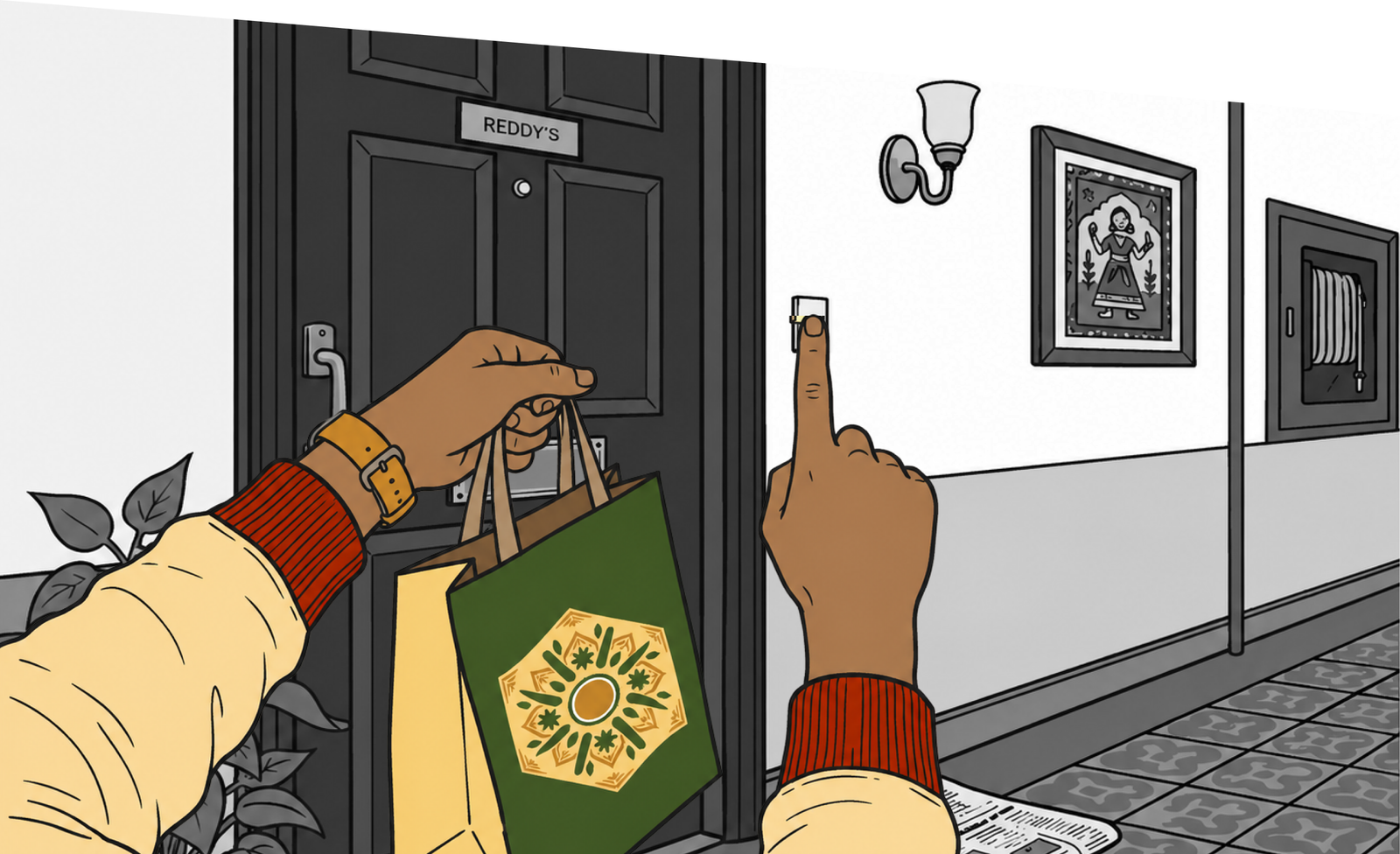 A delivery hand rings the doorbell at Reddy's with a Biryani Katha bag